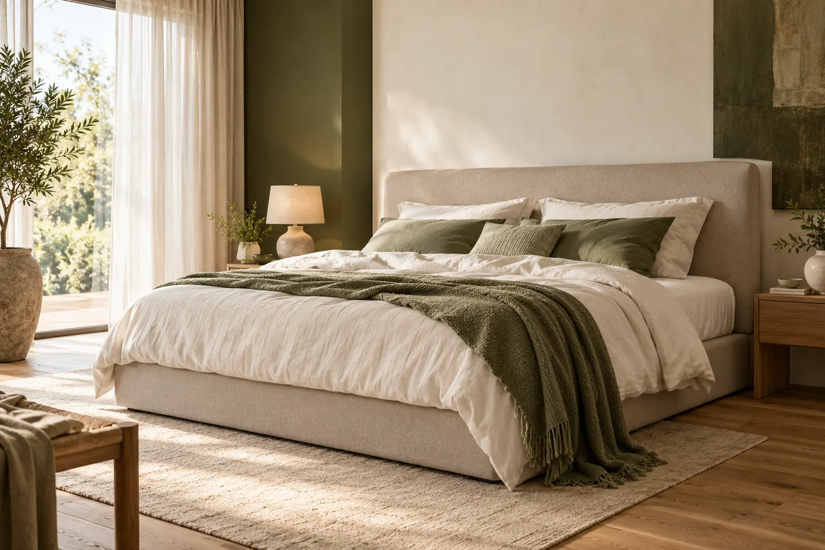 Gemütliches Schlafzimmer mit hochwertigem Bett und grünen Kissen
